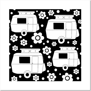 Daisy Polka Dot Vintage Caravan Pattern in Black and White Posters and Art